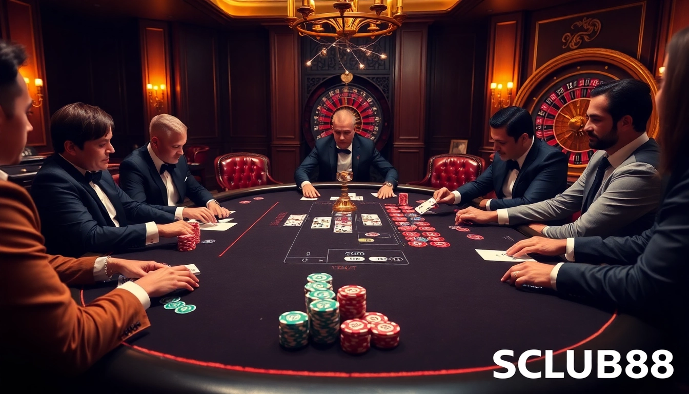 SCLUB88 players enjoying an exciting poker game at a luxurious casino table.