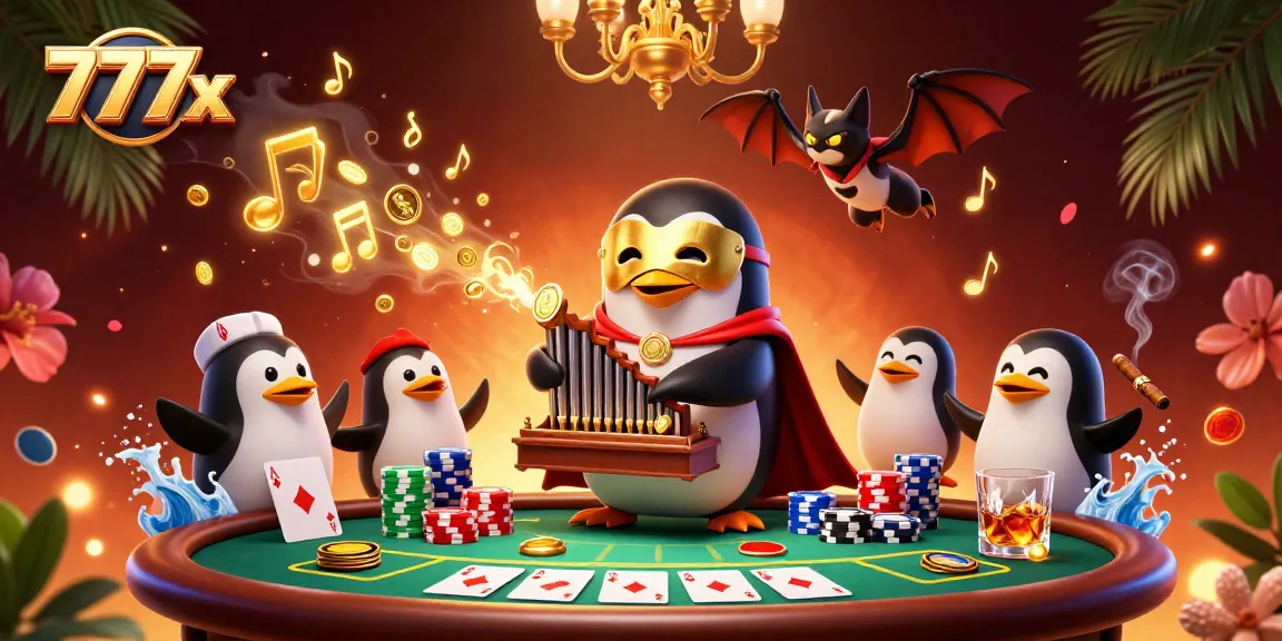 Experience winning moments at 777x with 3D penguin gaming surrounded by poker and casino elements