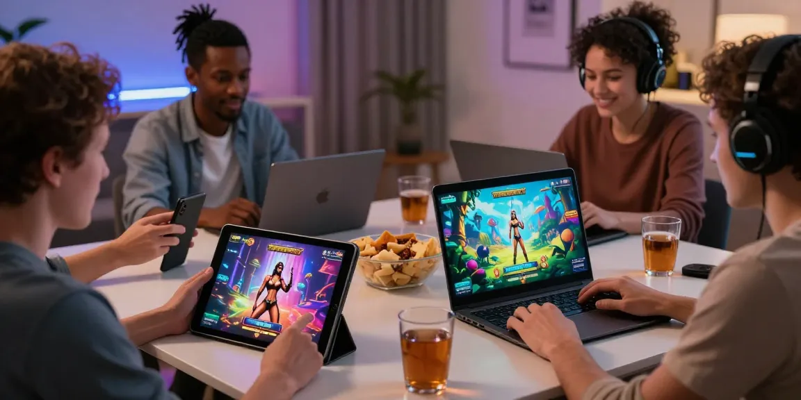 Group playing diverse porn games html on devices in a casual gaming environment.