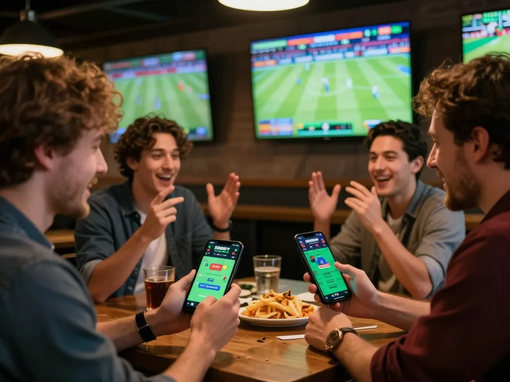 SBOBET mobile betting excitement at a sports bar with friends cheering and engaging.