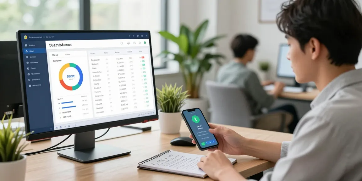 Data analyst using a number checker tool on a large monitor, showcasing spam call statistics and risk scores in a modern office.