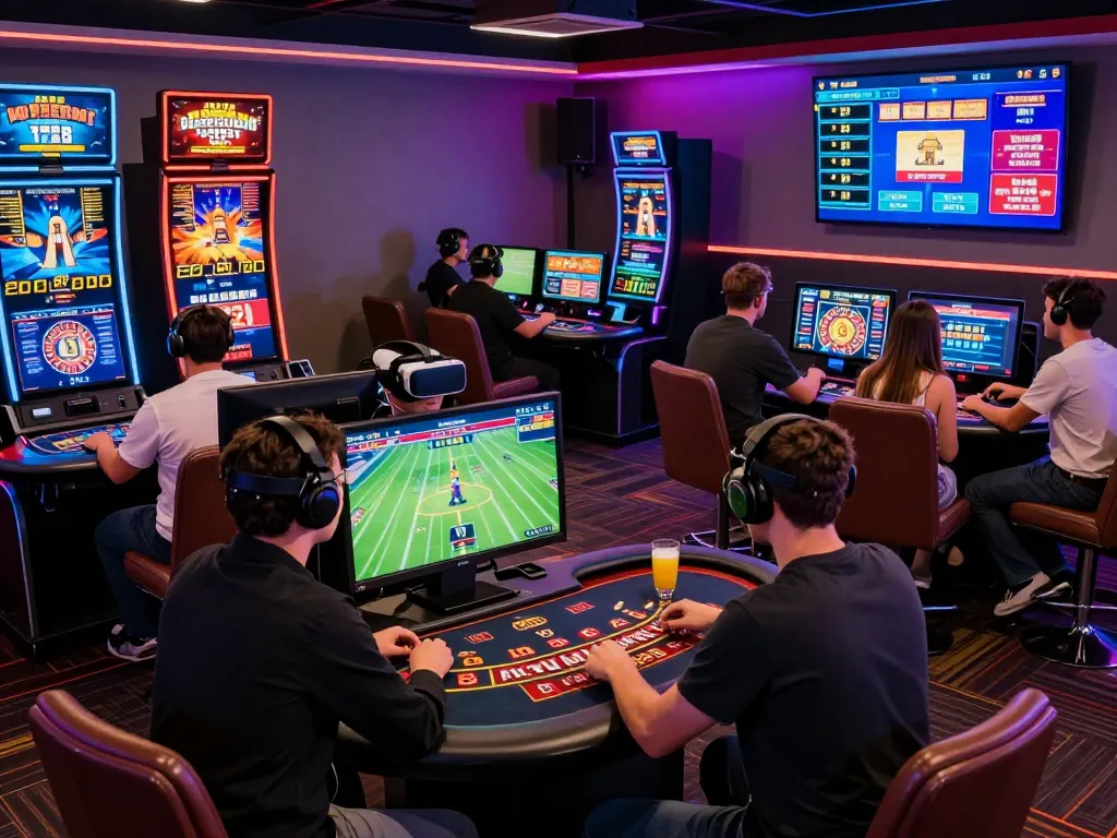 Engaged players at 33WIN enjoying a dynamic online gambling experience with vibrant gaming stations and promotions.