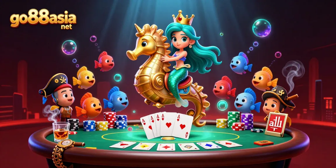 Engage in thrilling gameplay at go88asia net with vibrant mermaid-themed casino illustration featuring poker elements.