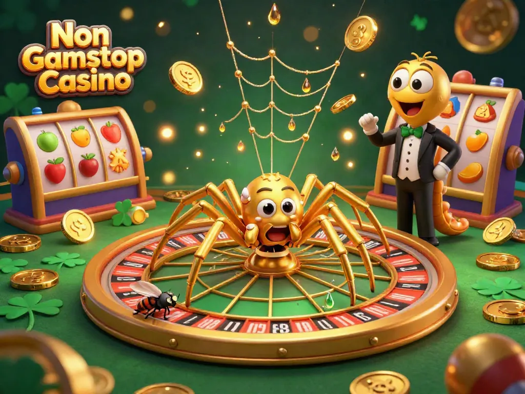 Win big at Non Gamstop Casino with a lively scene of a golden spider and croupier creating a roulette web.