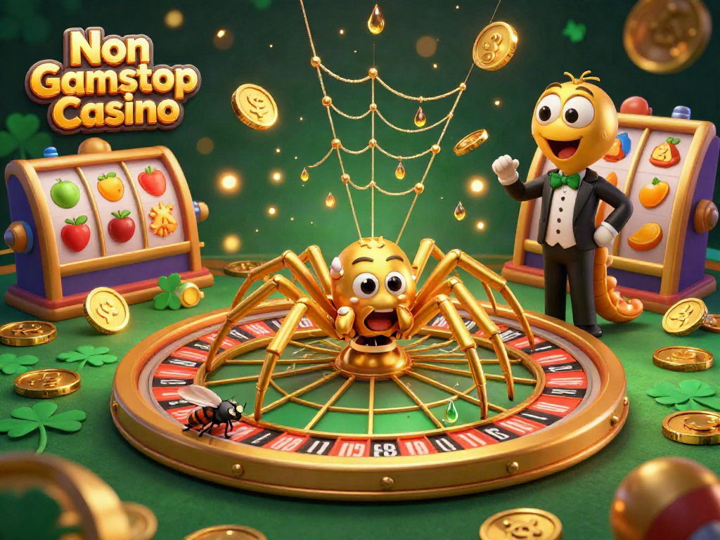 Win big at Non Gamstop Casino with a lively scene of a golden spider and croupier creating a roulette web.