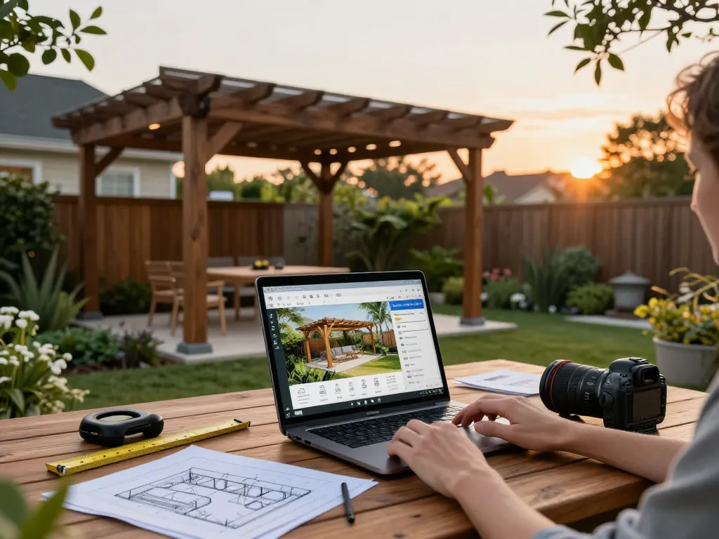 Homeowner using pergola configurator software to design a custom outdoor pergola in a beautiful garden.