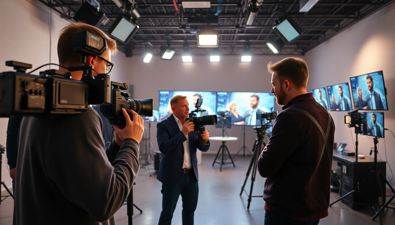 Engaged professionals in a video production agency working together on a dynamic shoot.