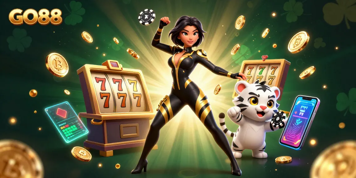 Experience thrilling jackpot action at GO88 with a dynamic scene featuring a gaming heroine and her playful companion.