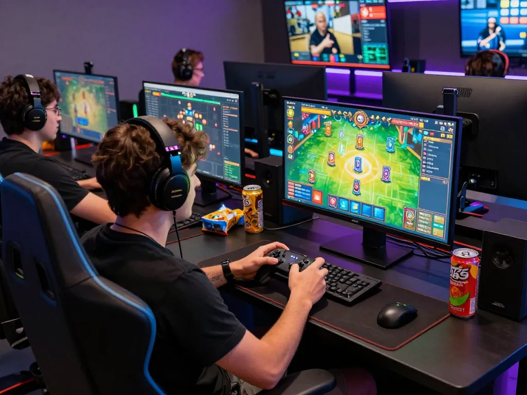 Energizing gaming scene with vibrant graphics and competitive atmosphere on https://canpack.gb.net/. Gamer intensely engaged with snacks and LED lights.