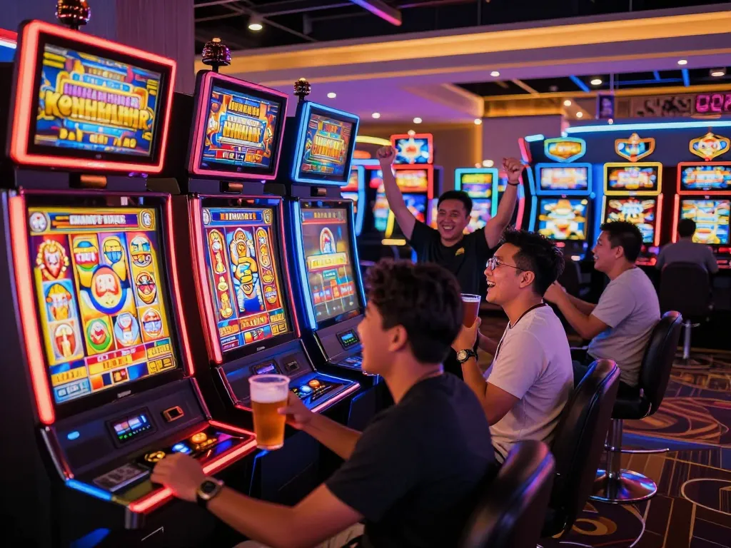 Exciting Slot Malaysia gameplay scene with players celebrating wins at colorful machines.