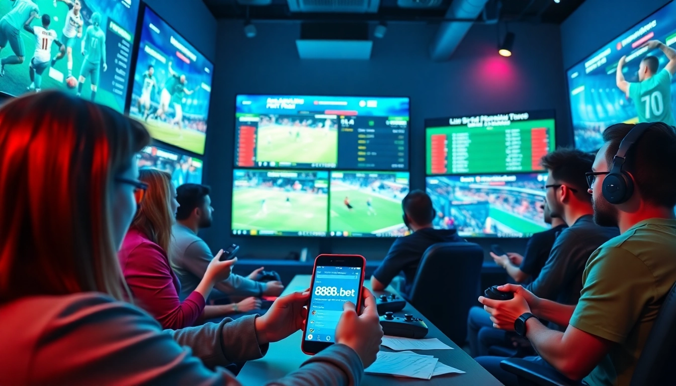 Dynamic sports betting atmosphere at 888b.bet with diverse players engaged in betting activities.