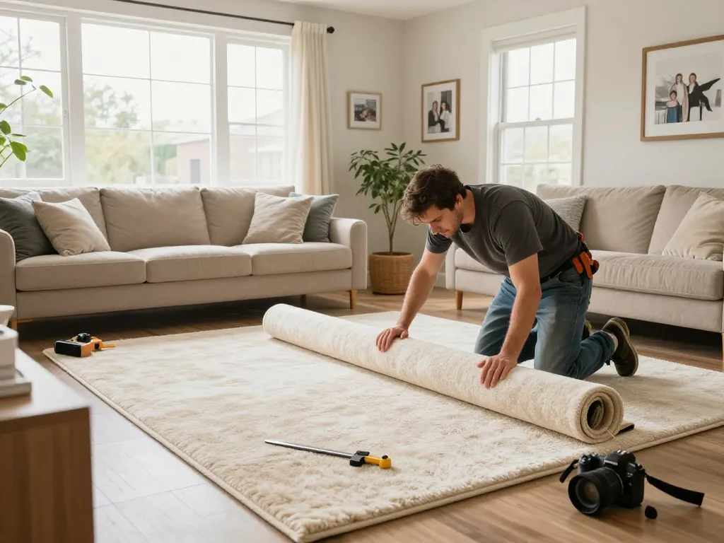 Home carpet fitting services in action with a professional installer transforming a living room.