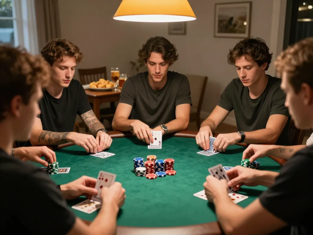 Engaged players at home poker night discussing strategies while enjoying the game at https://kp88.space/.