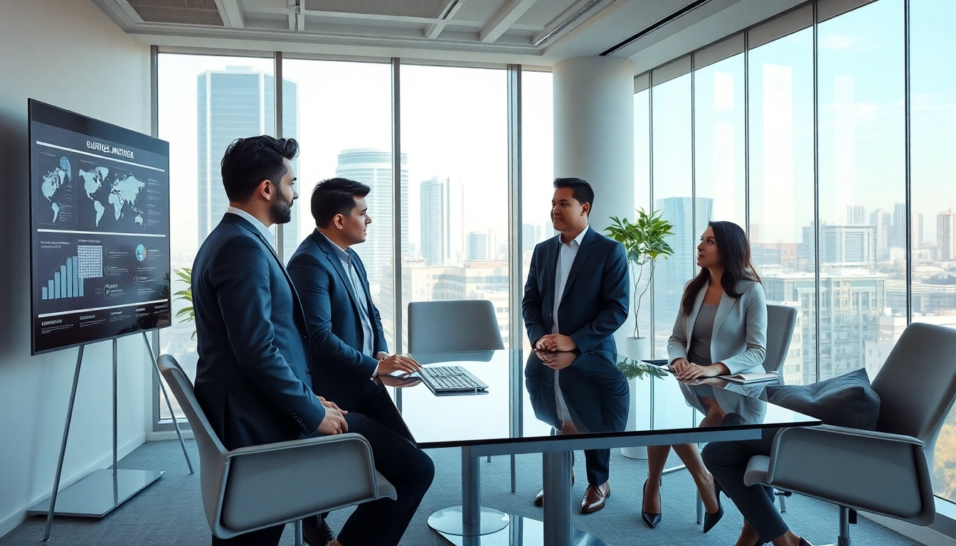 Professional team of a law firm in the US consulting clients in a modern Miami office.