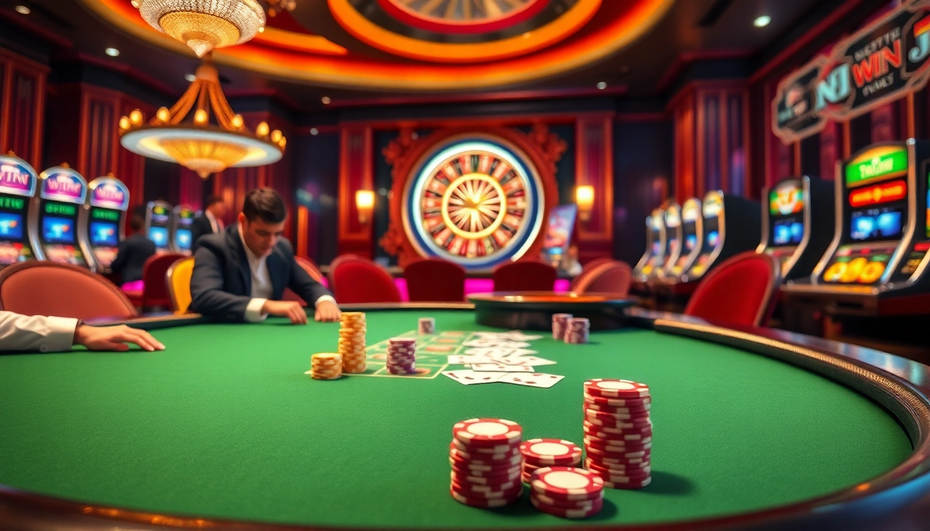 Experience the thrill of KK WIN at a bustling casino poker table with vibrant chips and cards.