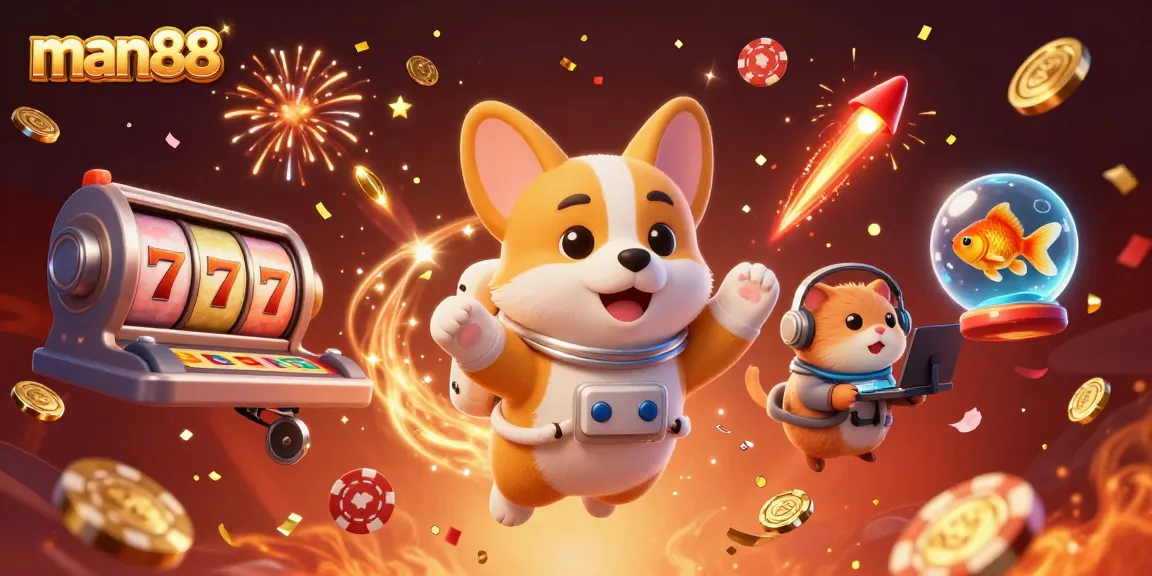 Immerse in man88's vibrant casino atmosphere with a corgi astronaut, poker action, and festive elements.