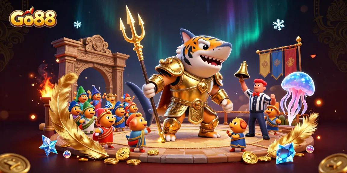 Experience thrilling gameplay with Go88 as fierce tiger shark battles in an underwater colosseum.