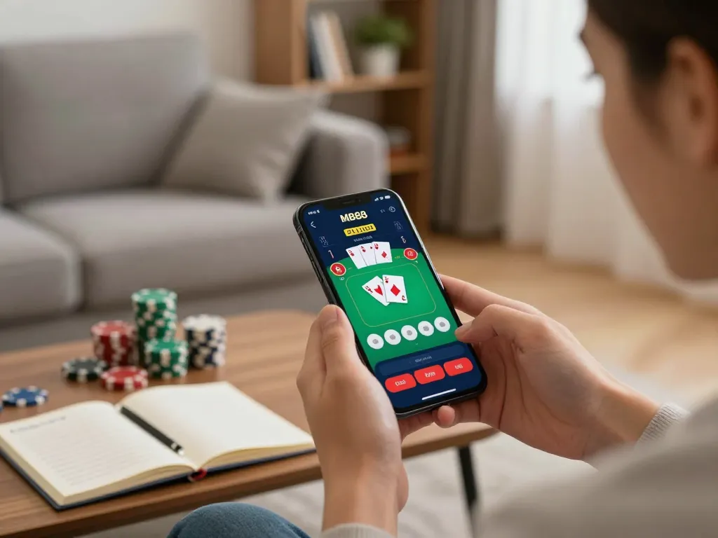 Engaging gameplay on MB88 app with poker cards and strategy notes in a cozy setting