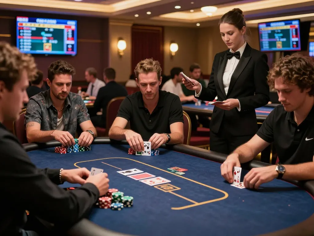 Players strategizing their moves at the lively poker tables in 789WIN Casino's modern gaming space.
