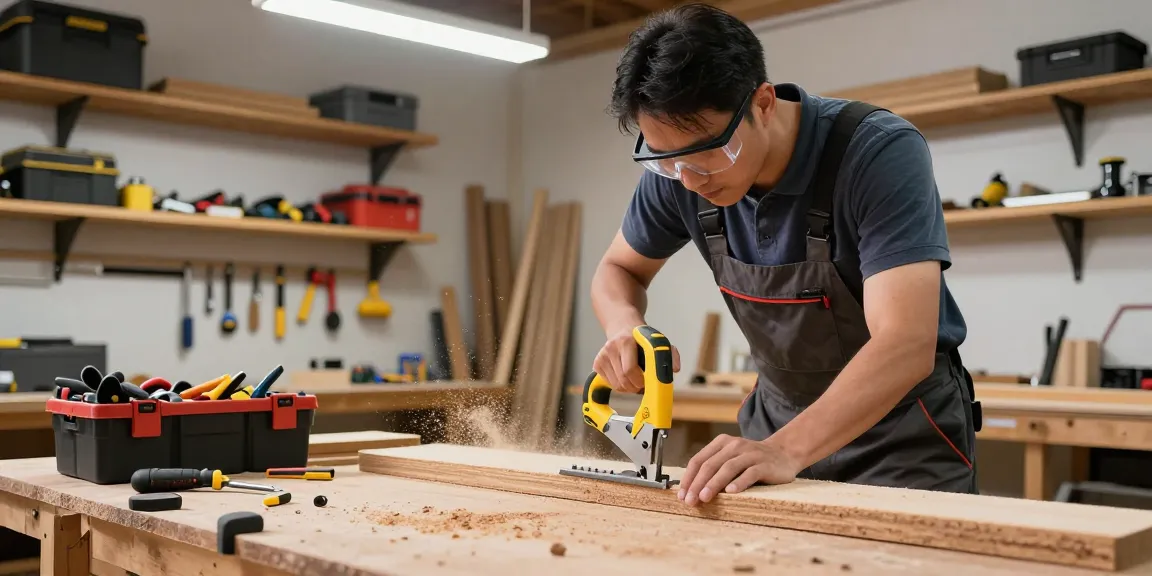 Dewalt alligator saw in action, cutting wood in a bright workshop.
