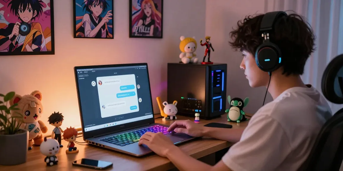 Engaging in a lively ai chat hentai conversation with a colorful anime-themed chatbot at home.