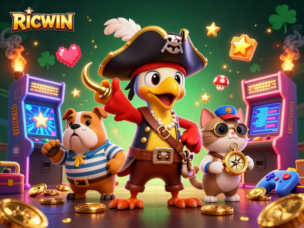 Engage with RICWIN's thrilling gaming universe featuring vibrant characters and arcade action.