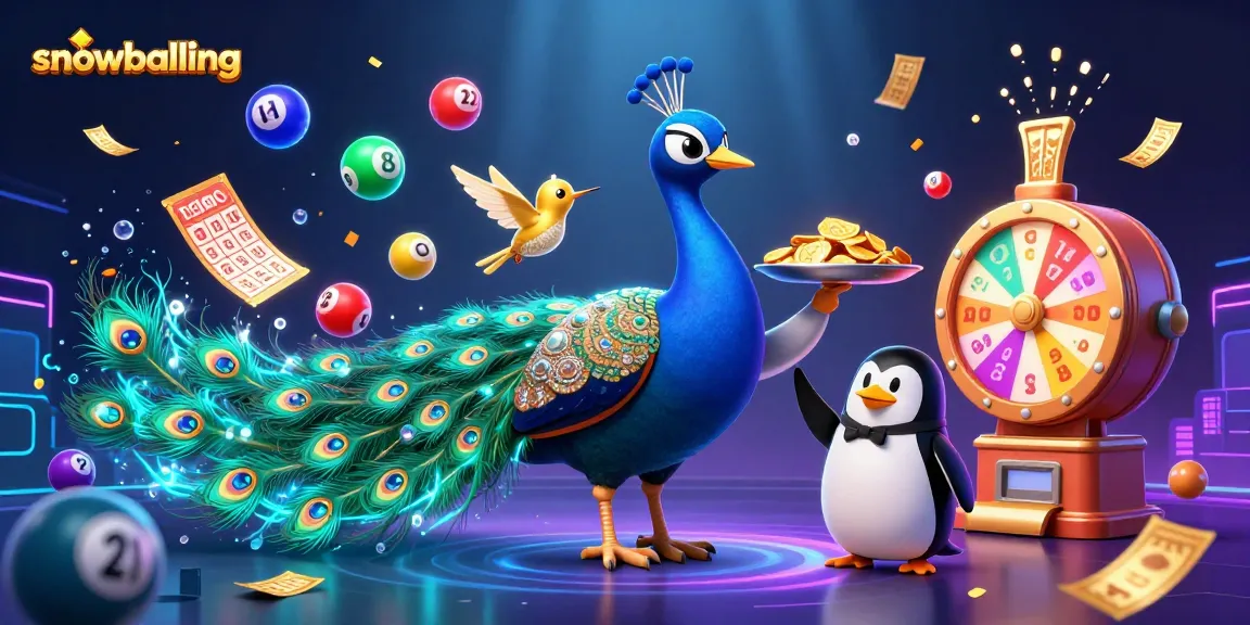 Snowballing casino scene with vibrant characters throwing lottery balls amidst golden prizes.