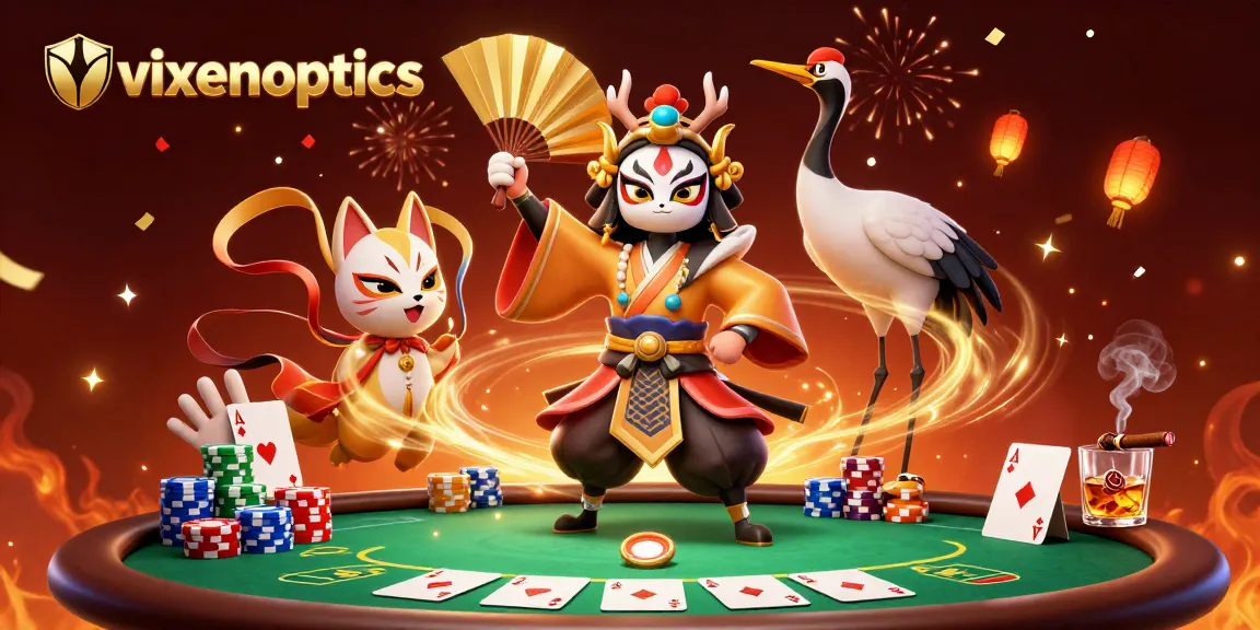 Experience the excitement of vixenoptics with a vibrant 3D casino scene featuring poker elements and colorful characters.