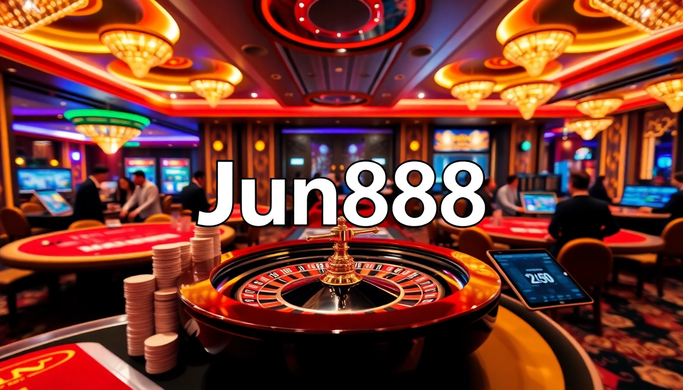 Experience thrilling gameplay at Jun888 with interactive casino tables and vibrant poker chips.