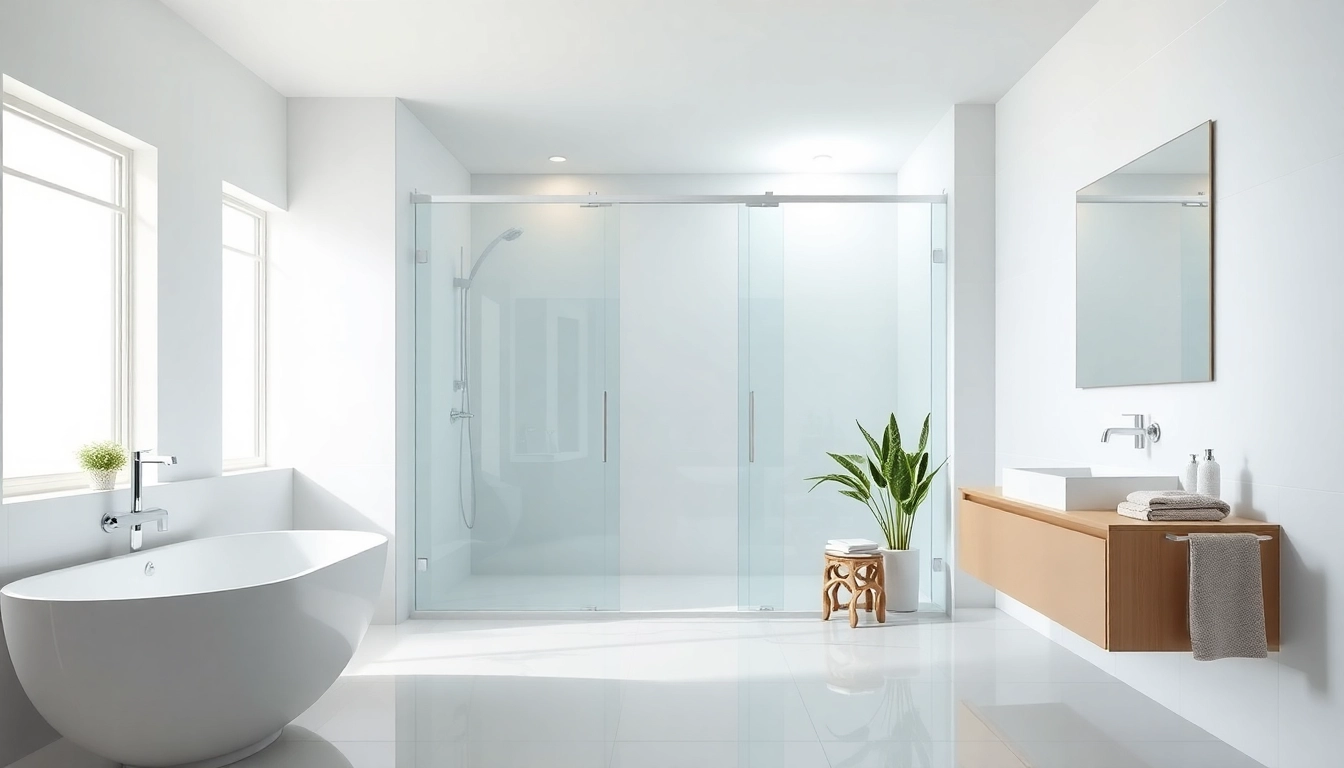 Showcase of beautiful shower doors sliding in a bright, modern bathroom setting.
