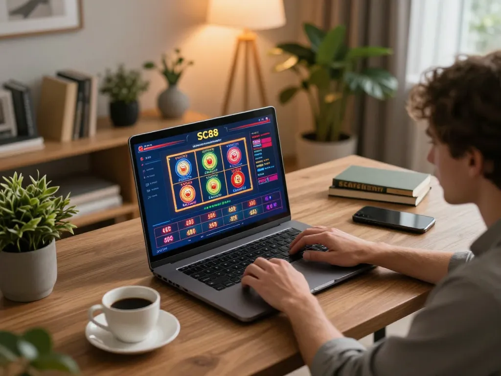 Engaged player exploring SC88 online gaming options on a laptop in a cozy home office environment