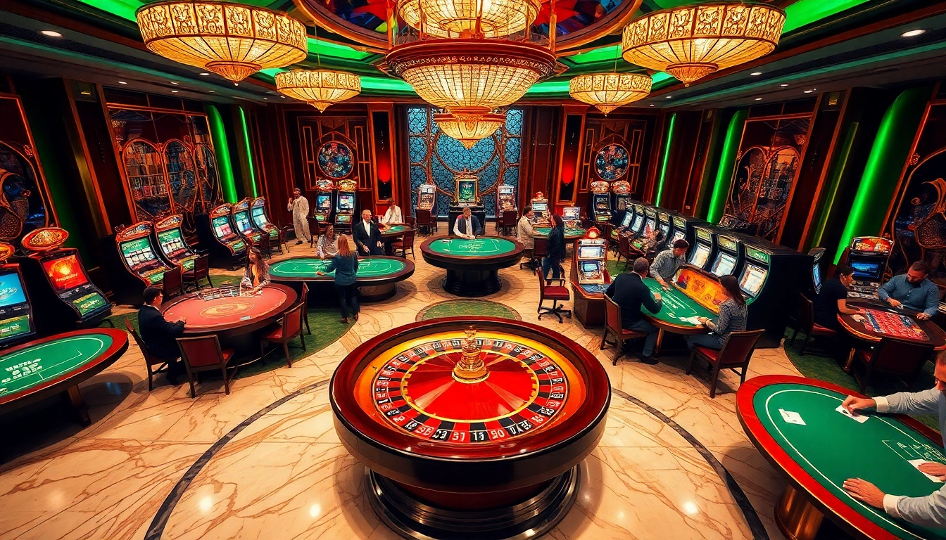 Win big at https://mm66i.com/ in a vibrant casino scene with roulette and poker.