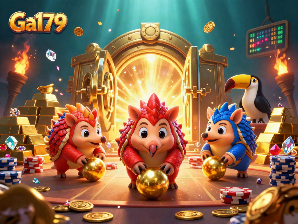 Ga179 pangolins compete in a vibrant 3D casino scene with poker chips and gold treasures.