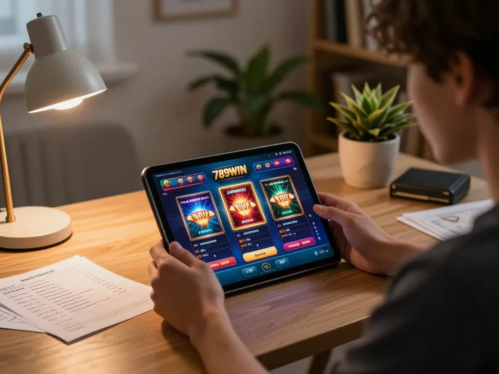 Engaging with 789WIN online casino app on tablet in a cozy home setting.