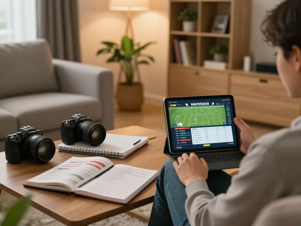 The individual betting on keonhacai with a tablet in a cozy home setting, showcasing a casual online gaming experience.