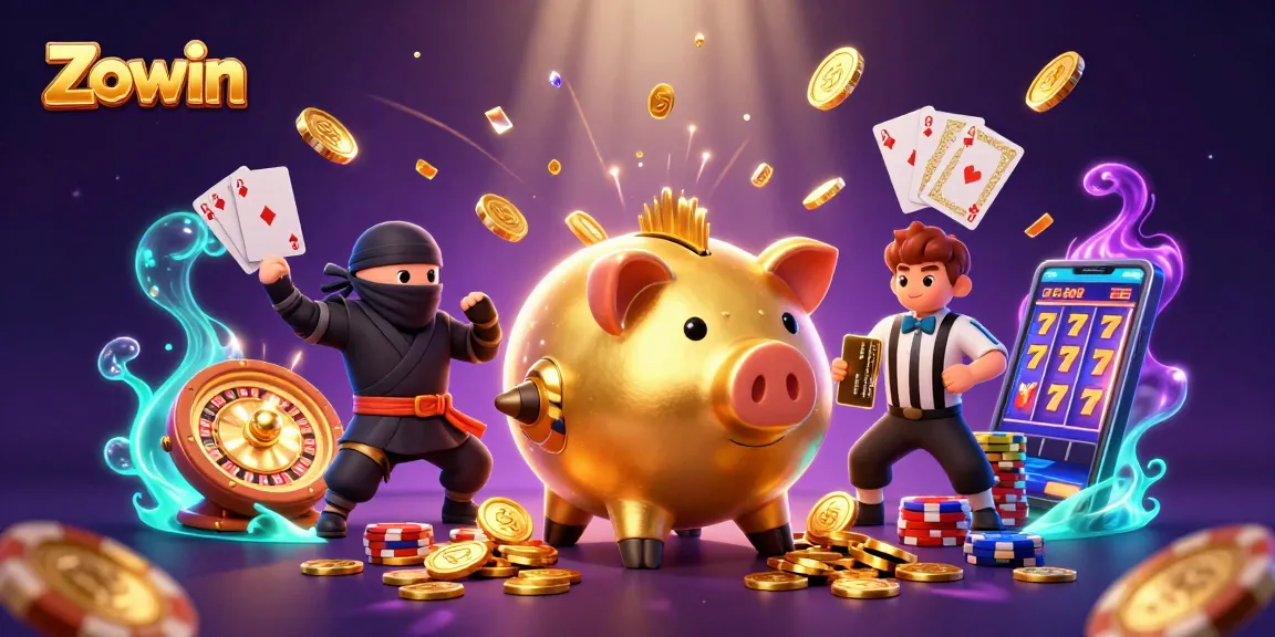 Win big with Zowin as the golden piggy bank sumo wrestler triumphs in an action-packed casino scene.