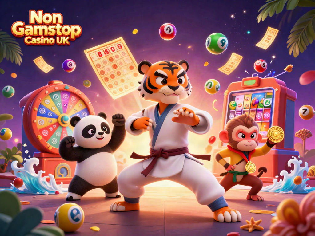 Engaging illustration depicting Non Gamstop Casino UK with a kung fu tiger master, panda disciple, and mischievous monkey amidst vibrant lottery elements.
