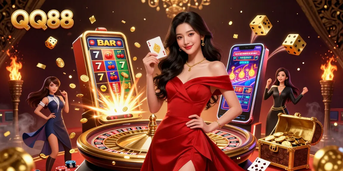 Experience the thrill of QQ88 with a beautiful dealer at a vibrant casino table, showcasing excitement and elegance.