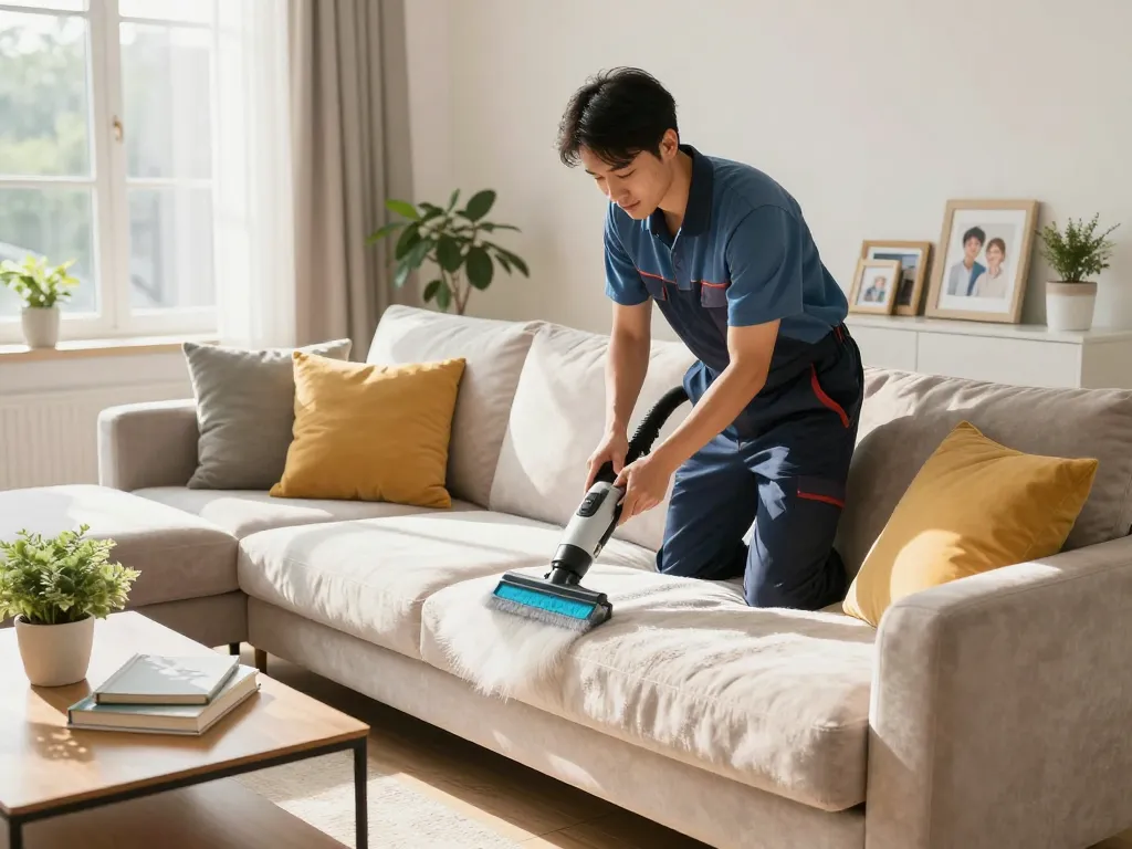 Upholstery cleaning in a bright living room featuring trusted professionals and clean environment, illustrating Housing & tenancy advice sites for home care.