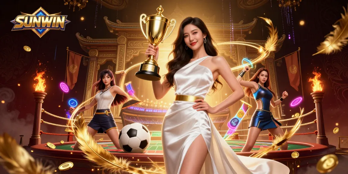 SUNWIN highlights thrilling sports betting experience with a victorious player holding a trophy amidst golden elements.