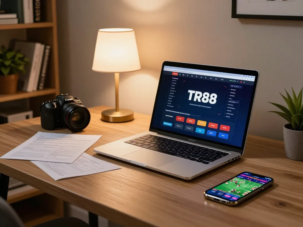 Engaged player using TR88 platform on a laptop while reviewing betting strategies at a cozy home setup.