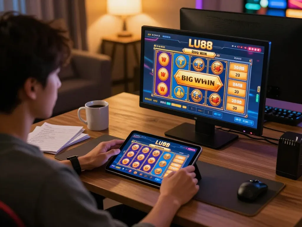 Player enjoying LU88 online casino gaming with interactive screen and strategy notes.