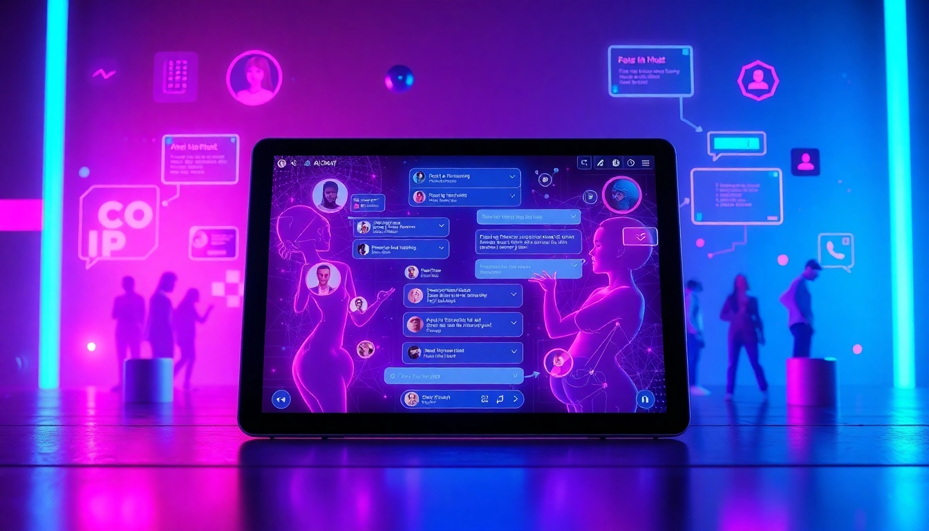 Engaging NSFW AI chat interface showcasing vibrant personalities and holographic avatars.