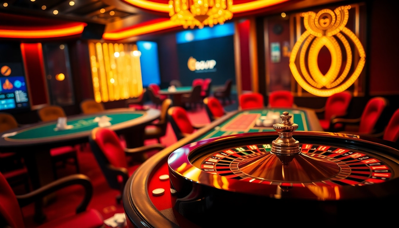 Experience high-stakes excitement at 68VIP with vibrant casino scenes featuring roulette and poker action.
