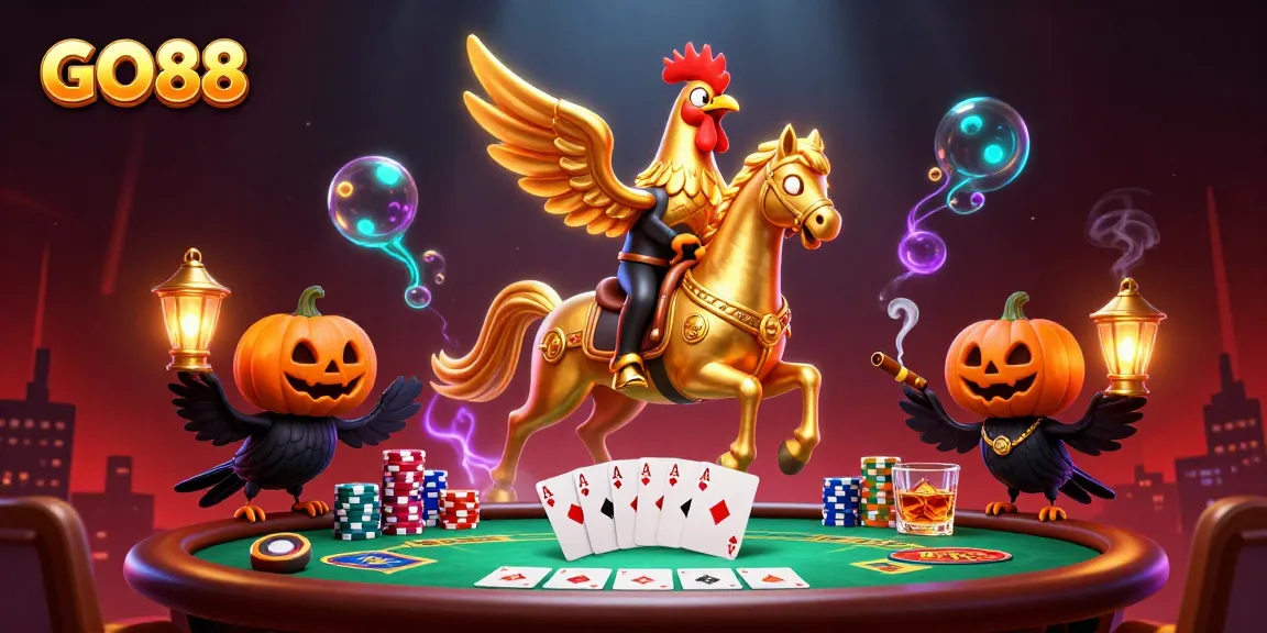 Experience the excitement of GO88 with a vibrant casino scene featuring a golden rooster and poker elements.