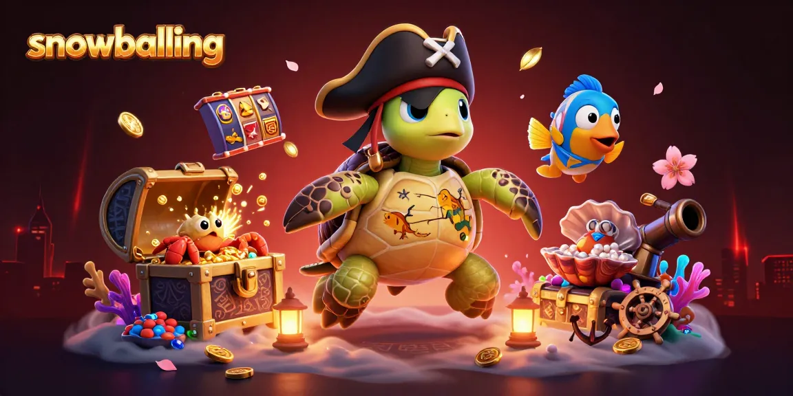 Snowballing game scene featuring vibrant underwater casino elements with treasure, cards, and dynamic characters.