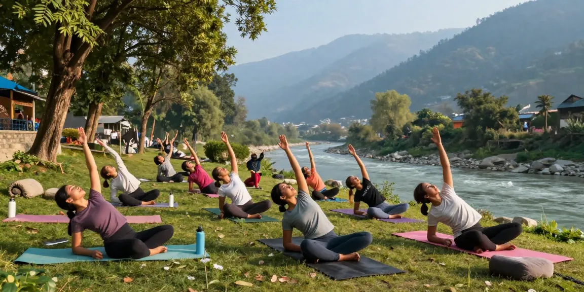 Group practicing advanced asanas in the serene 500 hour yoga teacher training Rishikesh india environment surrounded by lush nature.