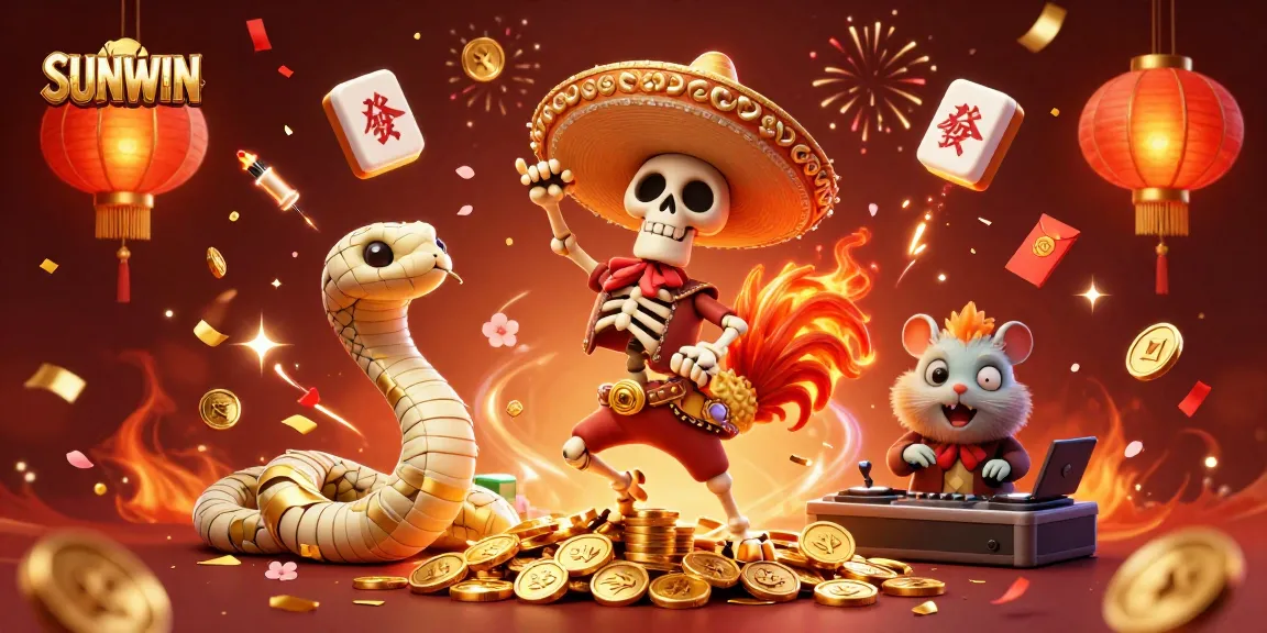 SUNWIN casino characters celebrating with golden coins, vibrant 3D scene full of excitement.