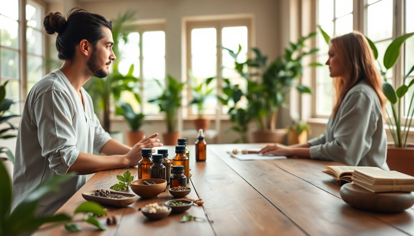 Engagement in an Ayurveda Consultation surrounded by serene herbal elements and natural light.