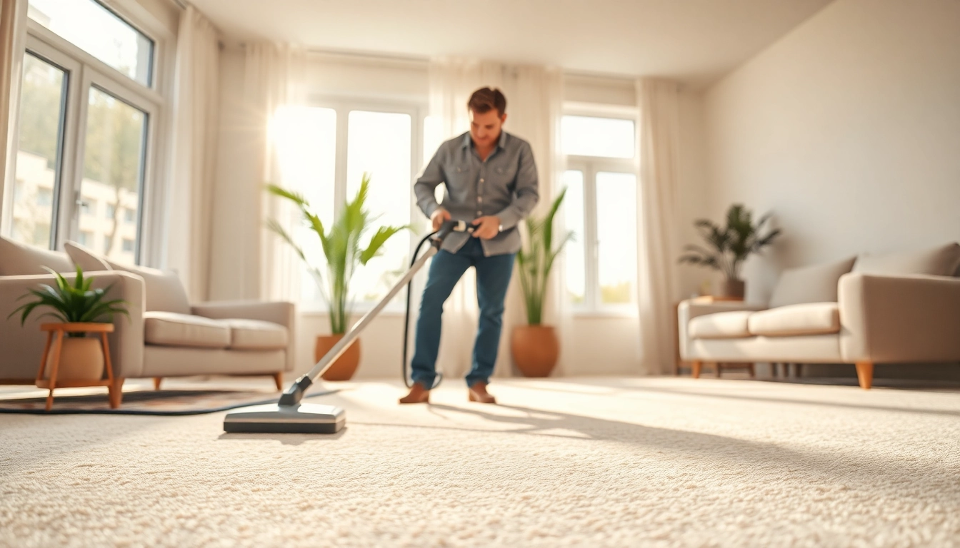 Professional carpet cleaning technician demonstrating effective cleaning techniques in a sunlit living room.